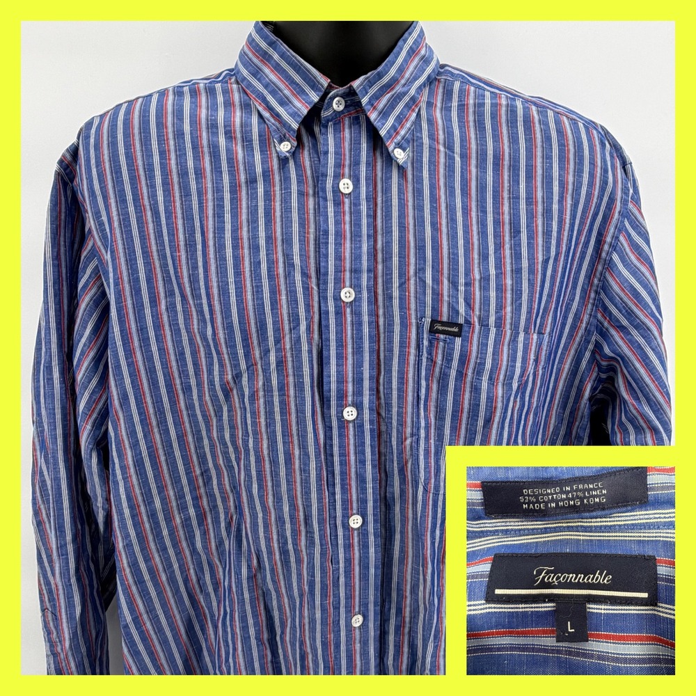 Faconnable Shirt Mens Large L Blue Red Striped Button Down Linen Cotton Blend